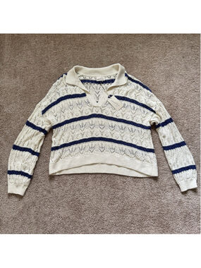 Universal Thread Cream Stripe Blue Crochet Knit Collar Pullover Crop Sweater XXL